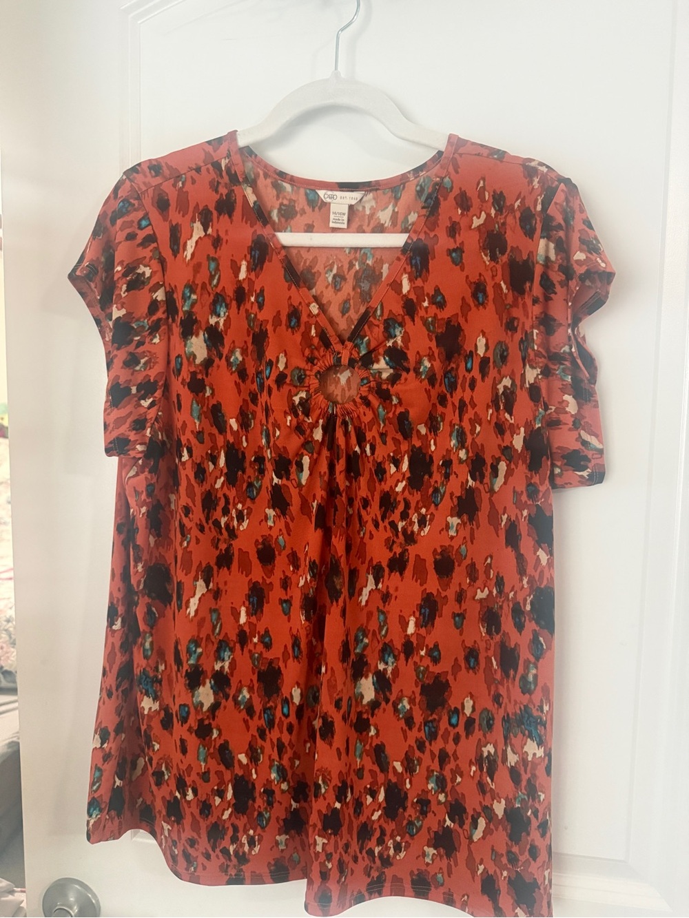 Cato Red Animal Print Knot-Front Short Sleeve Blouse